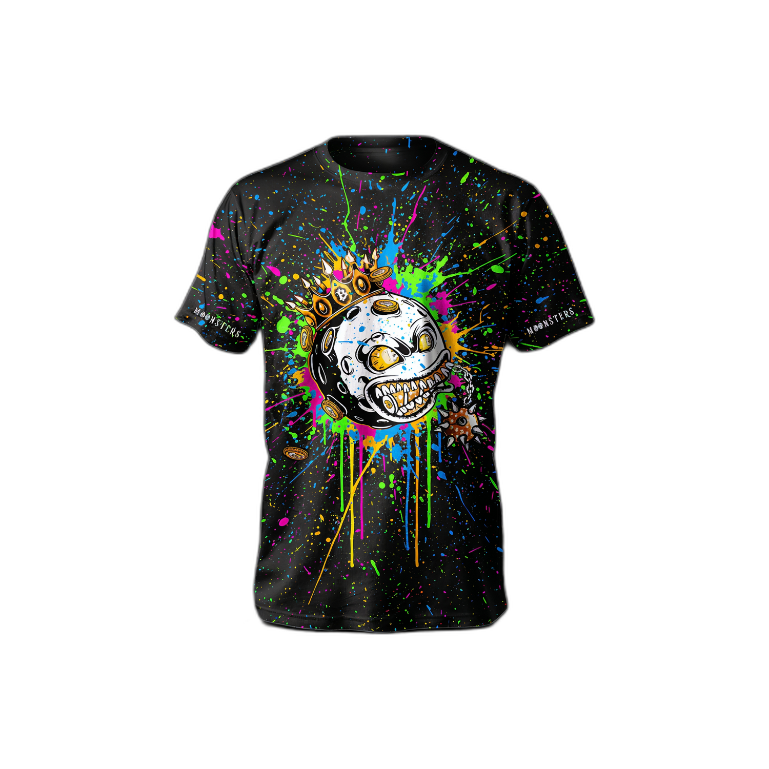 Black t-shirt with colorful Moonster design and splashes on a white background